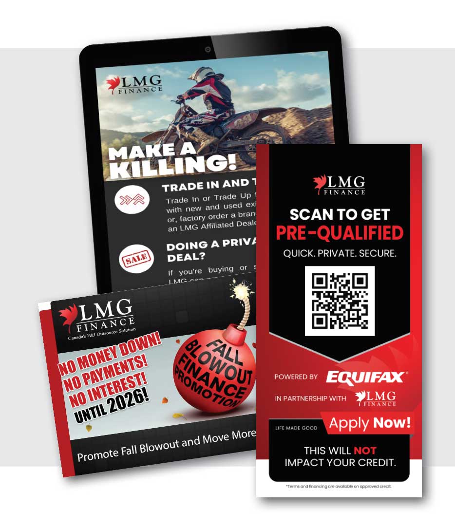 Three different marketing materials that LMG Finance provides its customers. An iPad shows off a custom landing page, while two brochures display different promotions.